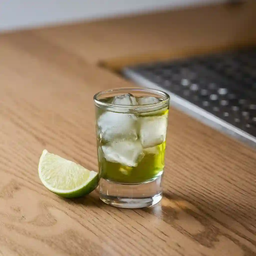 A chilled green tea shot in a golden-green color, served with a lime wedge on a wooden counter