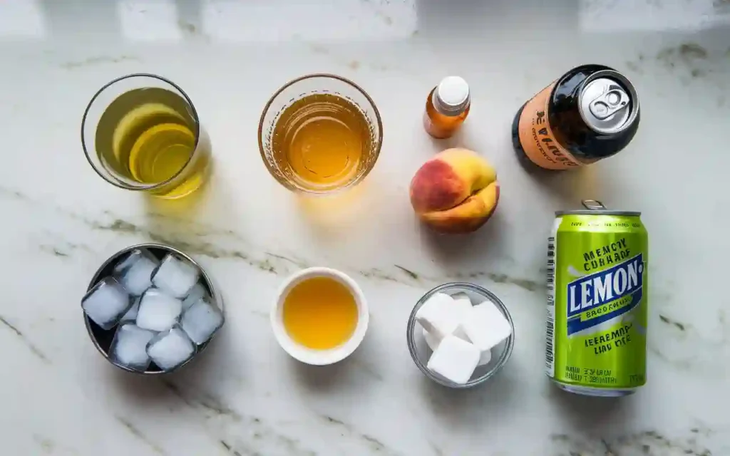 Ingredients for a green tea shot, including whiskey, peach schnapps, sour mix, ice cubes, and lemon-lime soda, arranged on a marble countertop