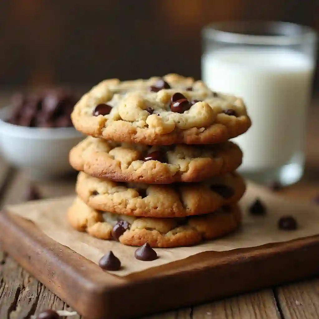 Golden chocolate chip cookies without brown sugar, stacked on a wooden table