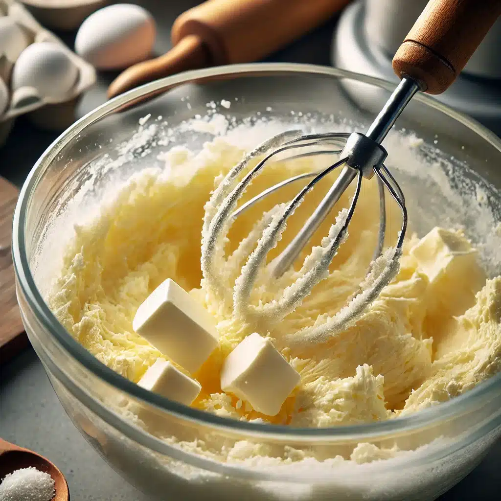 Butter and sugar being creamed together in a bowl for making chocolate chip cookies without brown sugar."