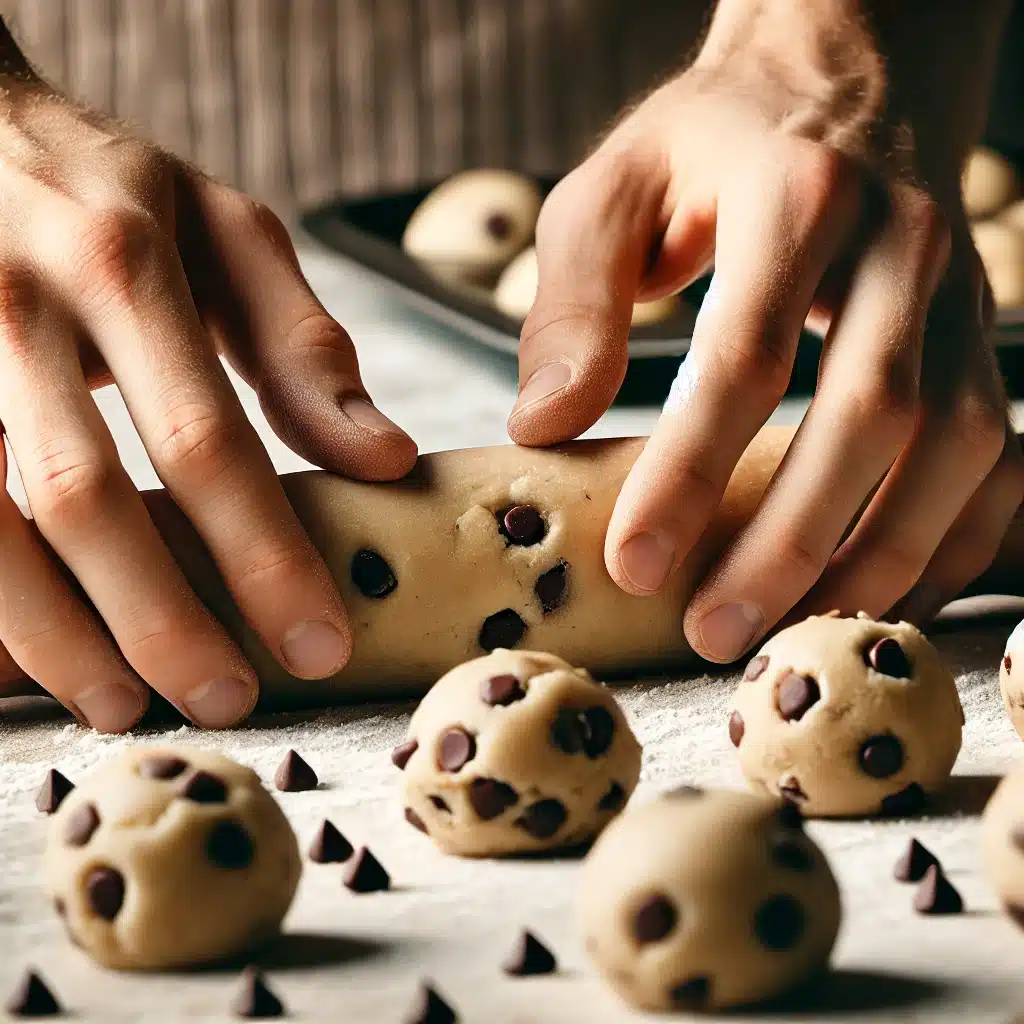 Hands rolling cookie dough into balls for chocolate chip cookies without brown sugar.