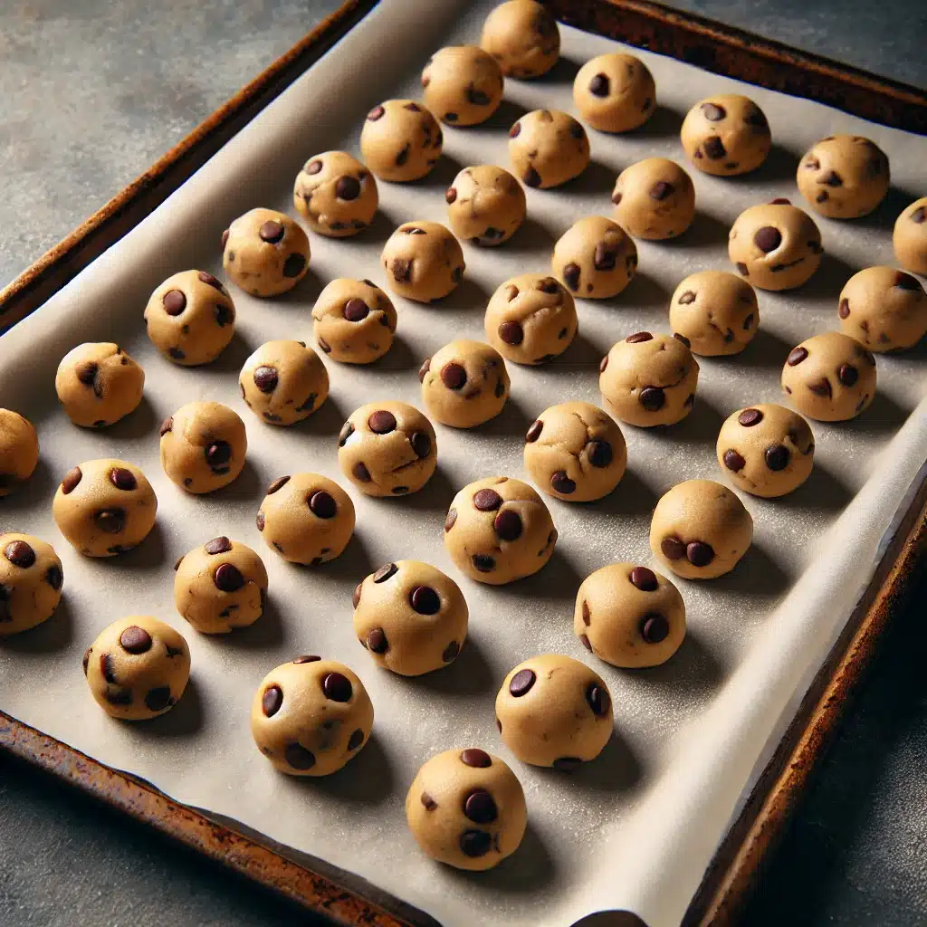 Cookie dough balls for chocolate chip cookies without brown sugar arranged on a parchment-lined baking tray.