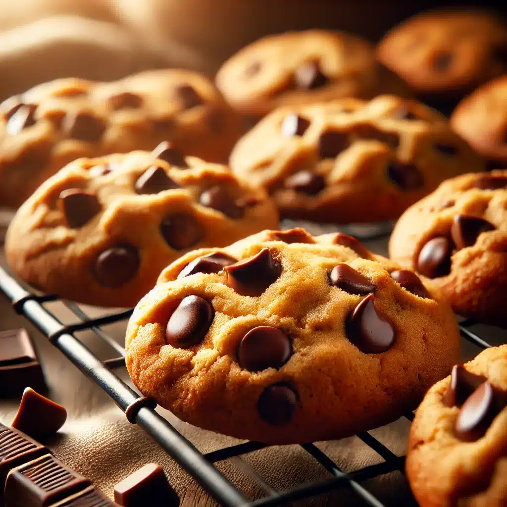 Freshly baked chocolate chip cookies without brown sugar cooling on a wire rack.