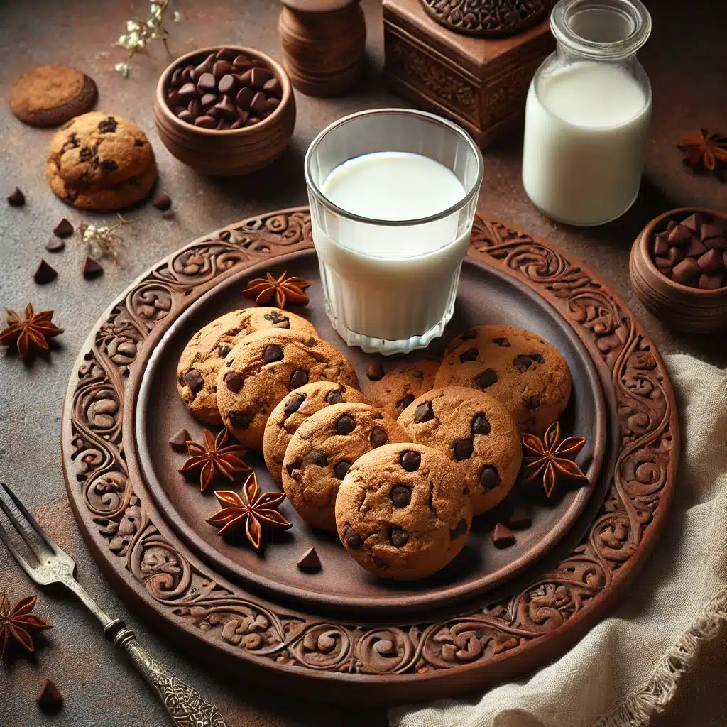 Chocolate chip cookies without brown sugar served on a plate with a glass of milk.