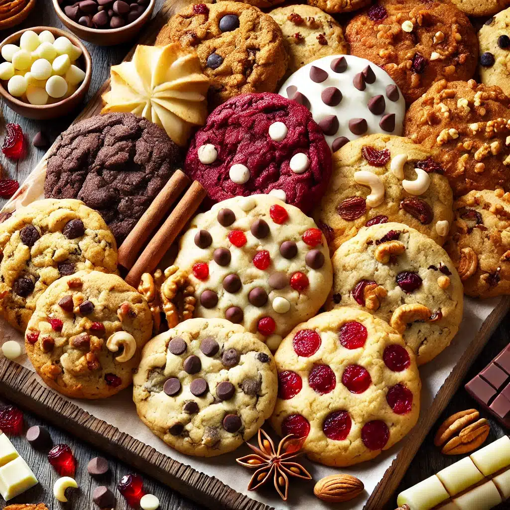 A variety of cookies baked with different mix-ins like white chocolate chips, chopped nuts, and dried cranberries, arranged on a wooden board with scattered ingredients around."