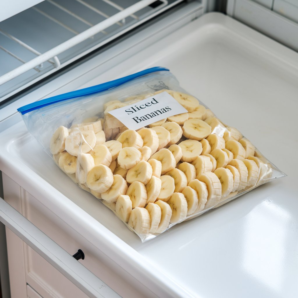 Sliced bananas stored in a freezer bag for later use.