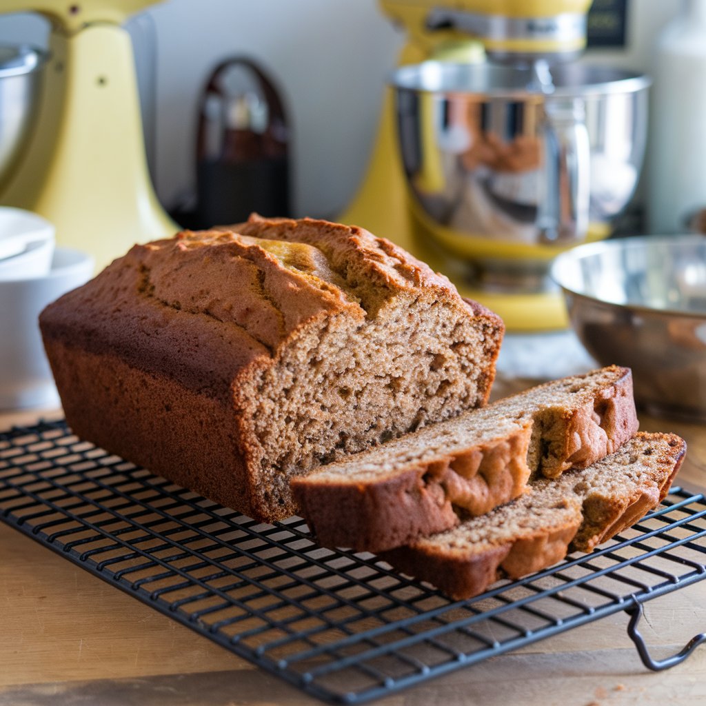 Freshly baked banana bread with 2 bananas cooling on a rack.