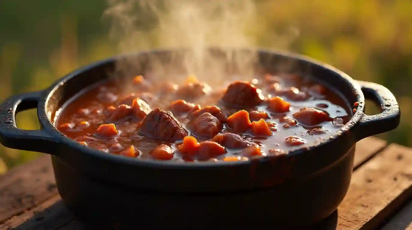 Authentic Texan venison chili in a cast iron pot
