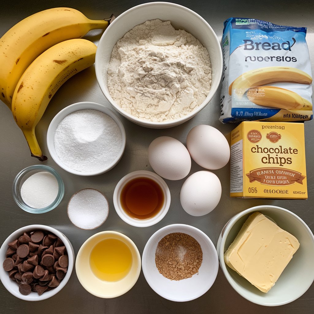 Ingredients for banana bread with 2 bananas arranged on a kitchen counter.