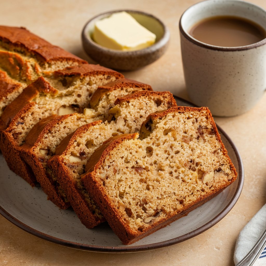 Sliced banana bread served with coffee for a perfect snack.