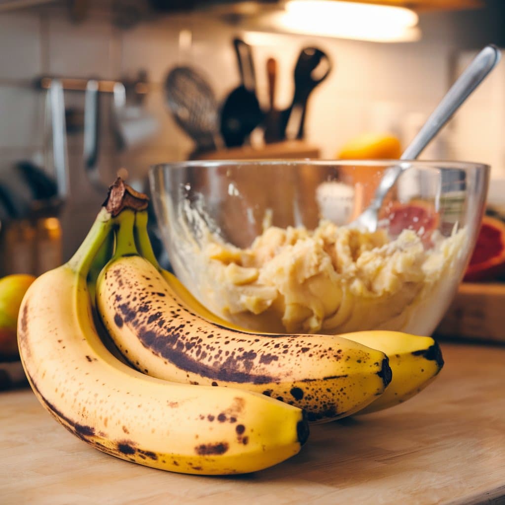 Overripe bananas on a countertop with a mixing bowl in the background.