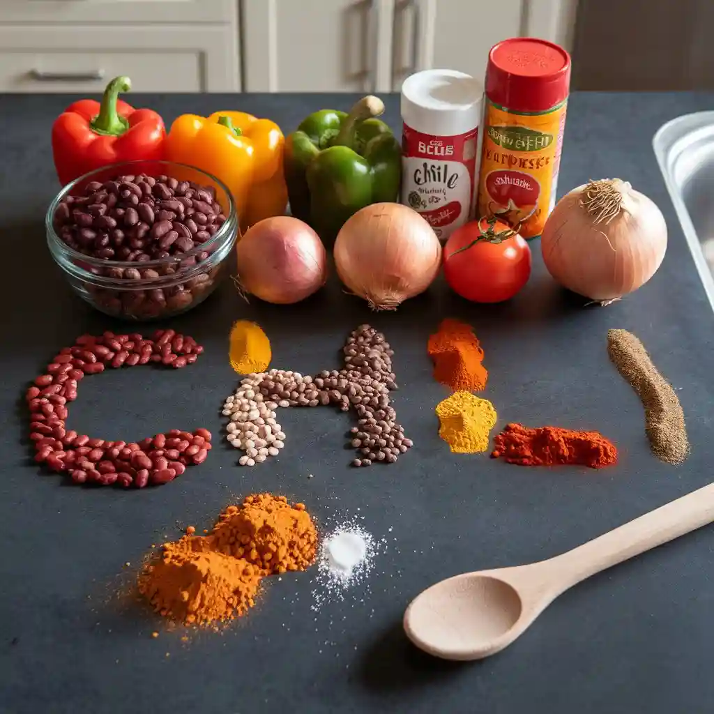 Ingredients for vegetarian chili, including beans, lentils, and various vegetables, arranged on a kitchen counter.