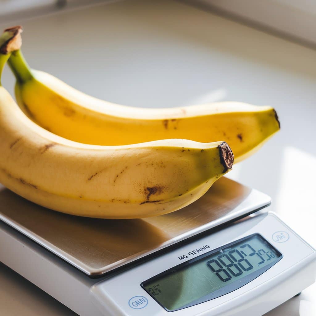 Two bananas on a digital kitchen scale.