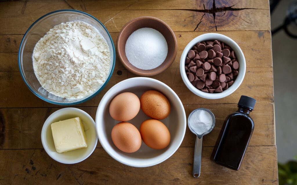 Ingredients for chocolate chip cookies without brown sugar, including flour, sugar, butter, eggs, chocolate chips, baking soda, and vanilla extract.