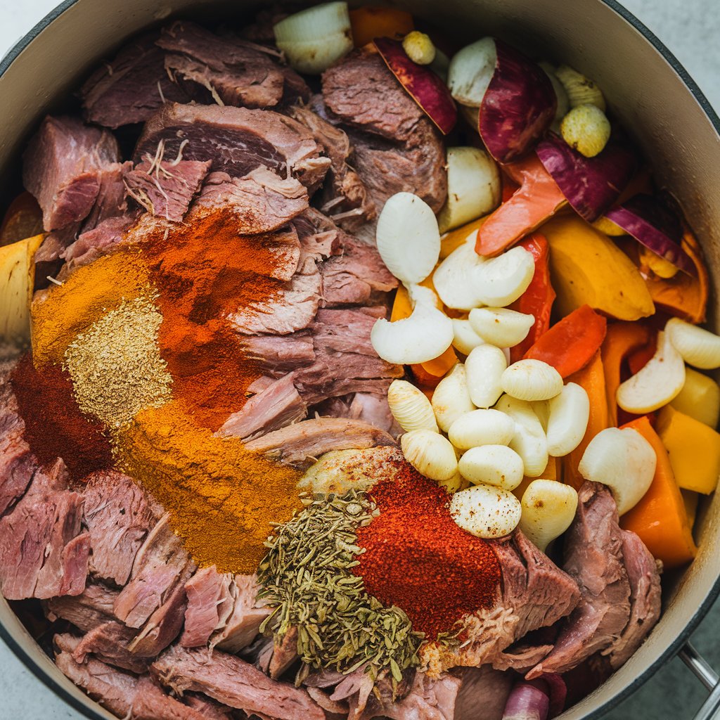 A top-down view of spices being sprinkled into the pot, including chili powder, cumin, smoked paprika, and oregano, with the vibrant colors of the spices contrasting against the meat and vegetables.