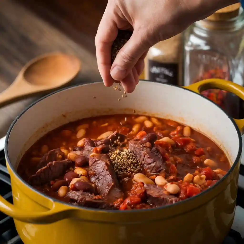 A hand sprinkling a blend of spices into a pot of venison chili simmering on the stove.