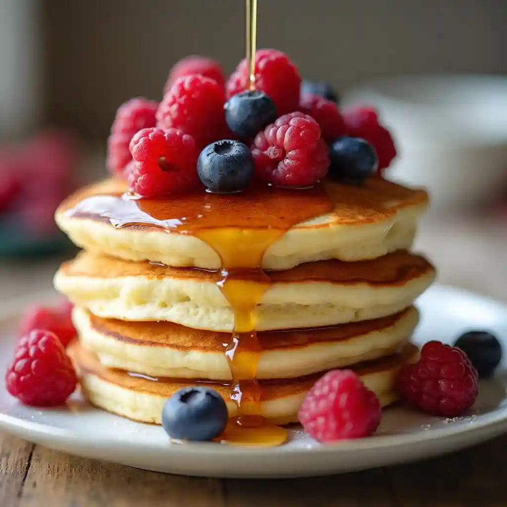 A stack of fluffy pancakes made with almond milk, topped with fresh berries and maple syrup.