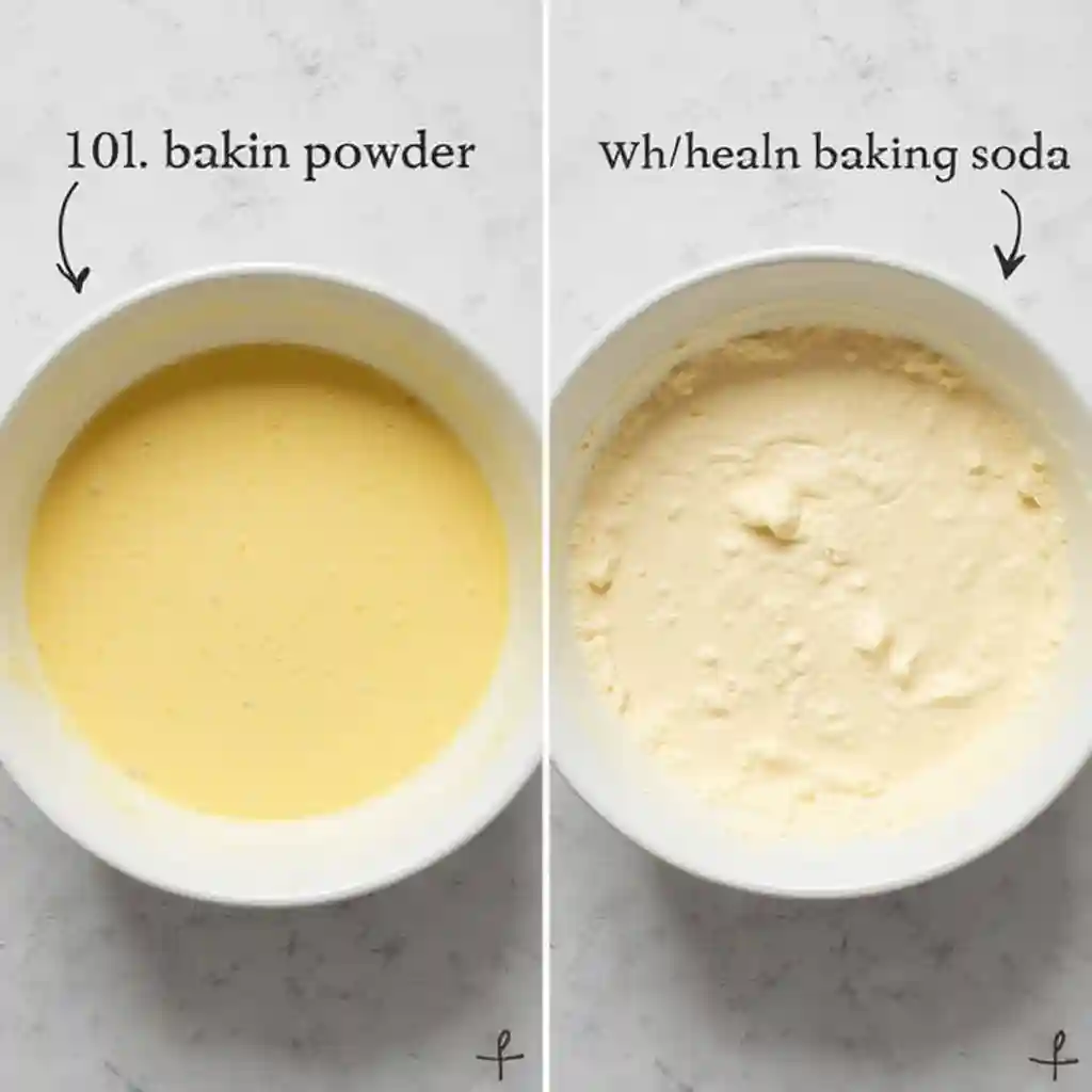 Two bowls of pancake batter, one with baking powder and one with baking soda, showing different textures.