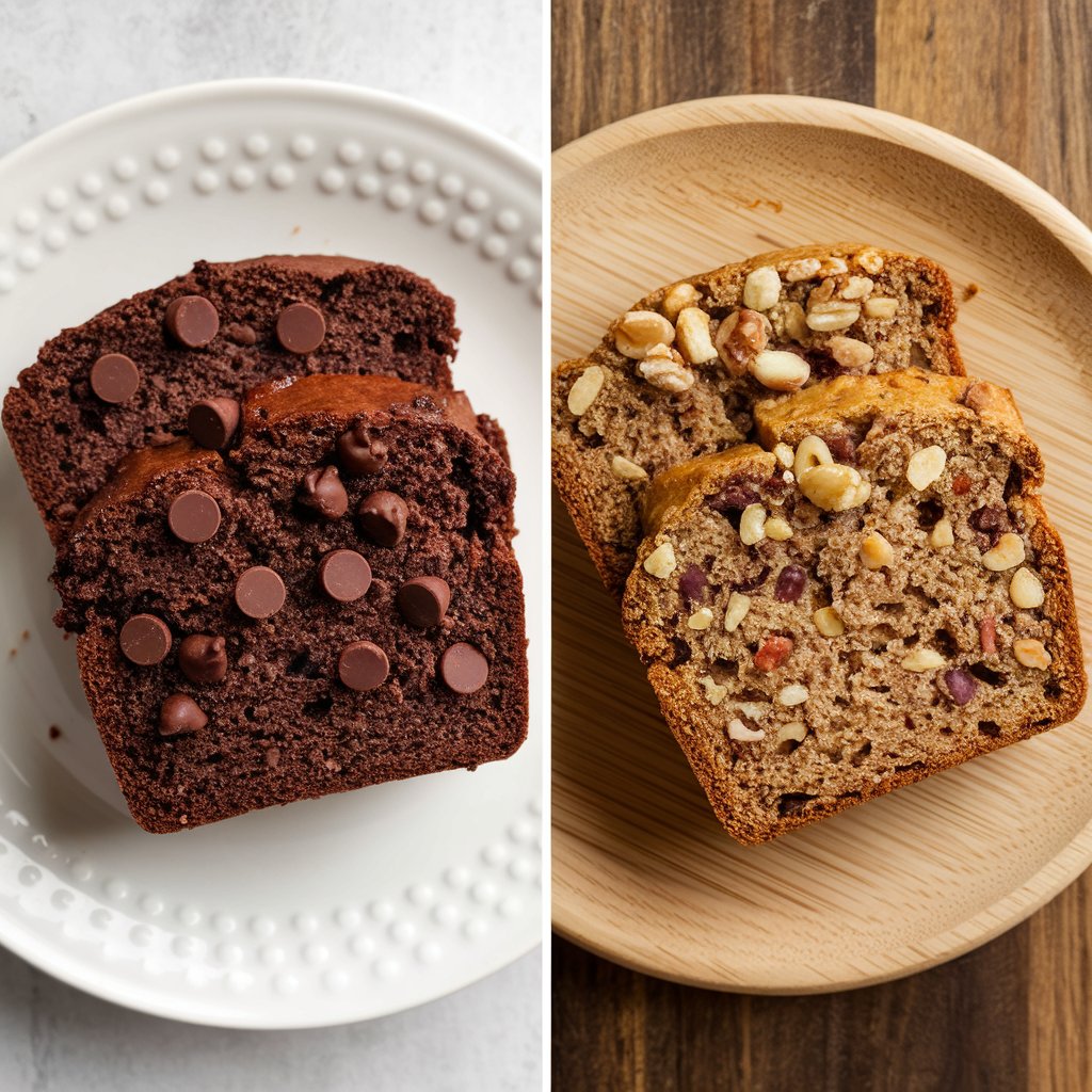  A comparison of traditional banana bread with chocolate chips versus a healthier version with nuts.