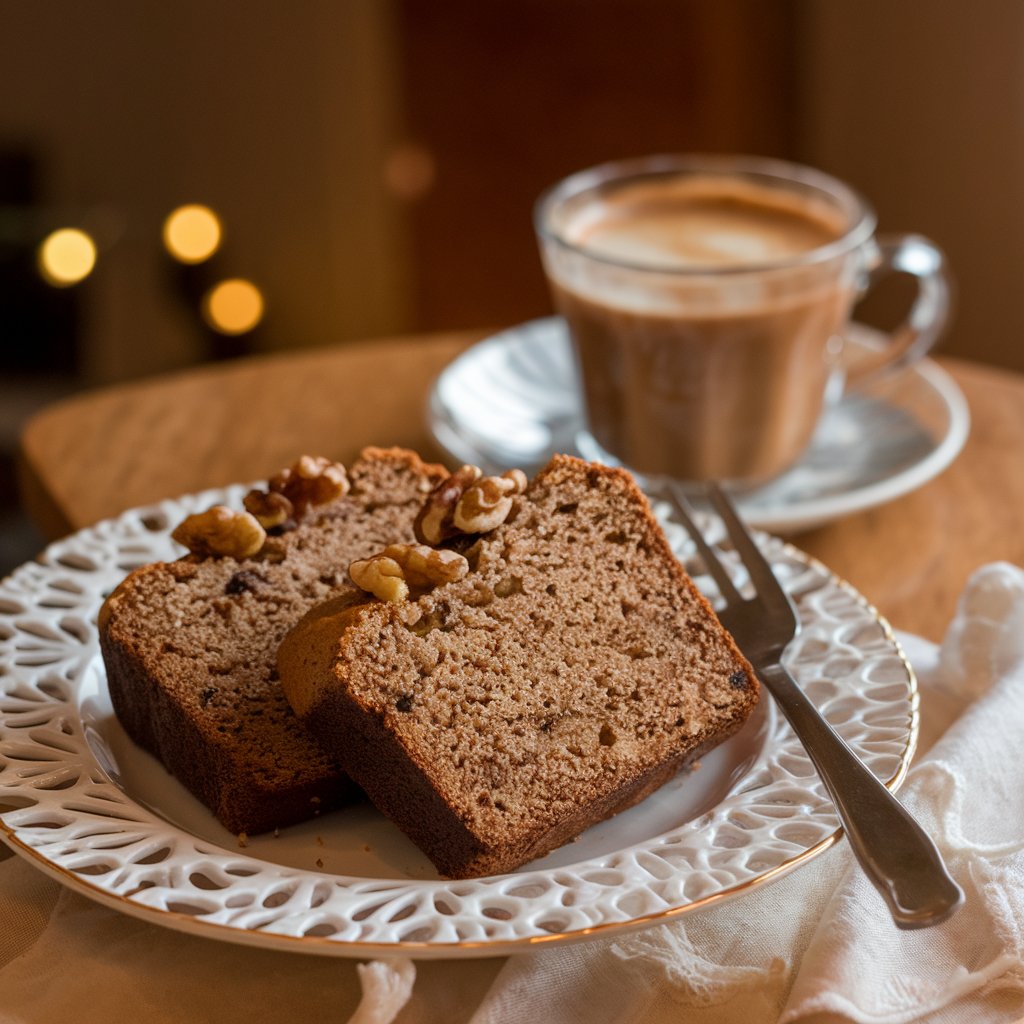  slice of banana bread served on a plate with coffee.