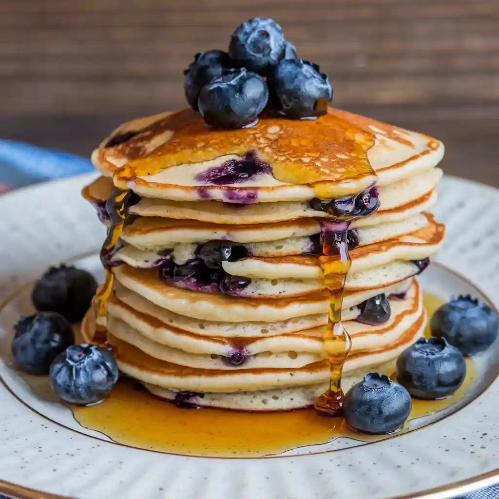 Blueberry pancakes with fresh blueberries and syrup.