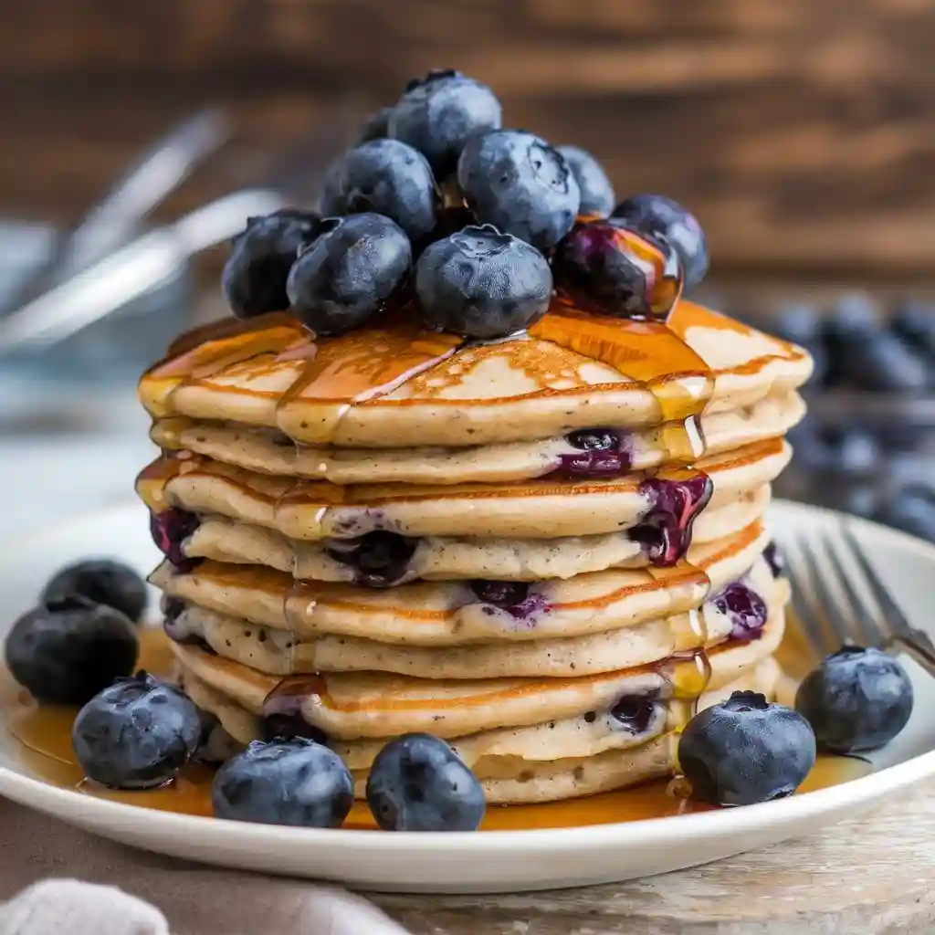 Blueberry vegan pancakes with fresh blueberries and syrup.