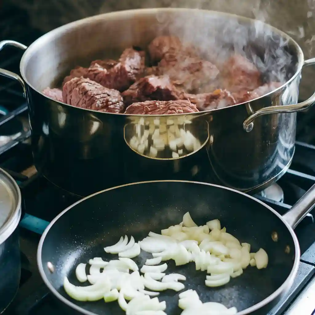 Meat browning in a large pot on the stove, with onions and garlic being sautéed.