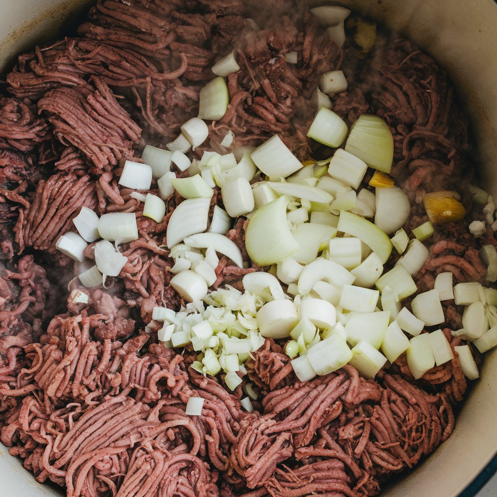 A close-up shot of ground venison browning in a large pot, with onions and garlic also visible, and steam rising as the meat starts to brown.