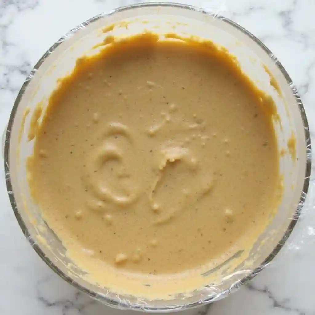 A bowl of cookie dough covered with plastic wrap in the refrigerator.