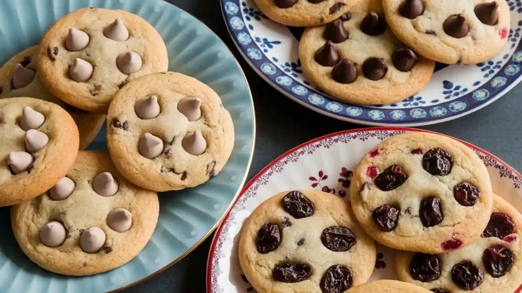 A variety of chocolate chip cookies with different mix-ins, including white chocolate chips, dark chocolate chips, and dried cranberries.