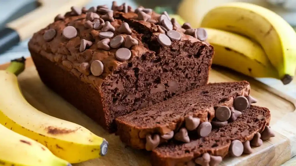 Chocolate gluten-free banana bread with dairy-free chocolate chips and a slice showing the rich, chocolatey interior.