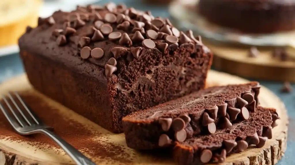 Chocolate banana bread with dairy-free chocolate chips and a slice showing the rich, chocolatey interior.