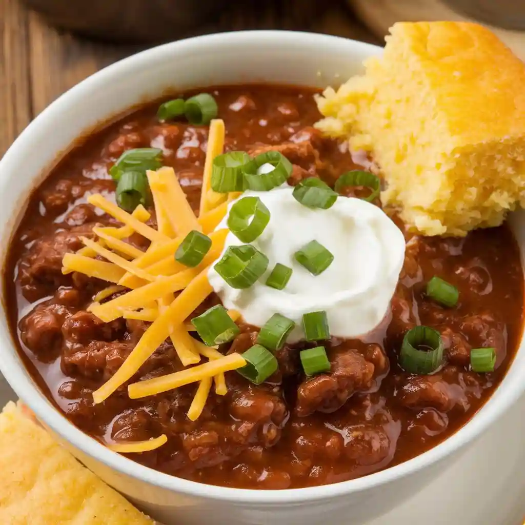 A bowl of classic beef chili topped with shredded cheese, sour cream, and chopped green onions.