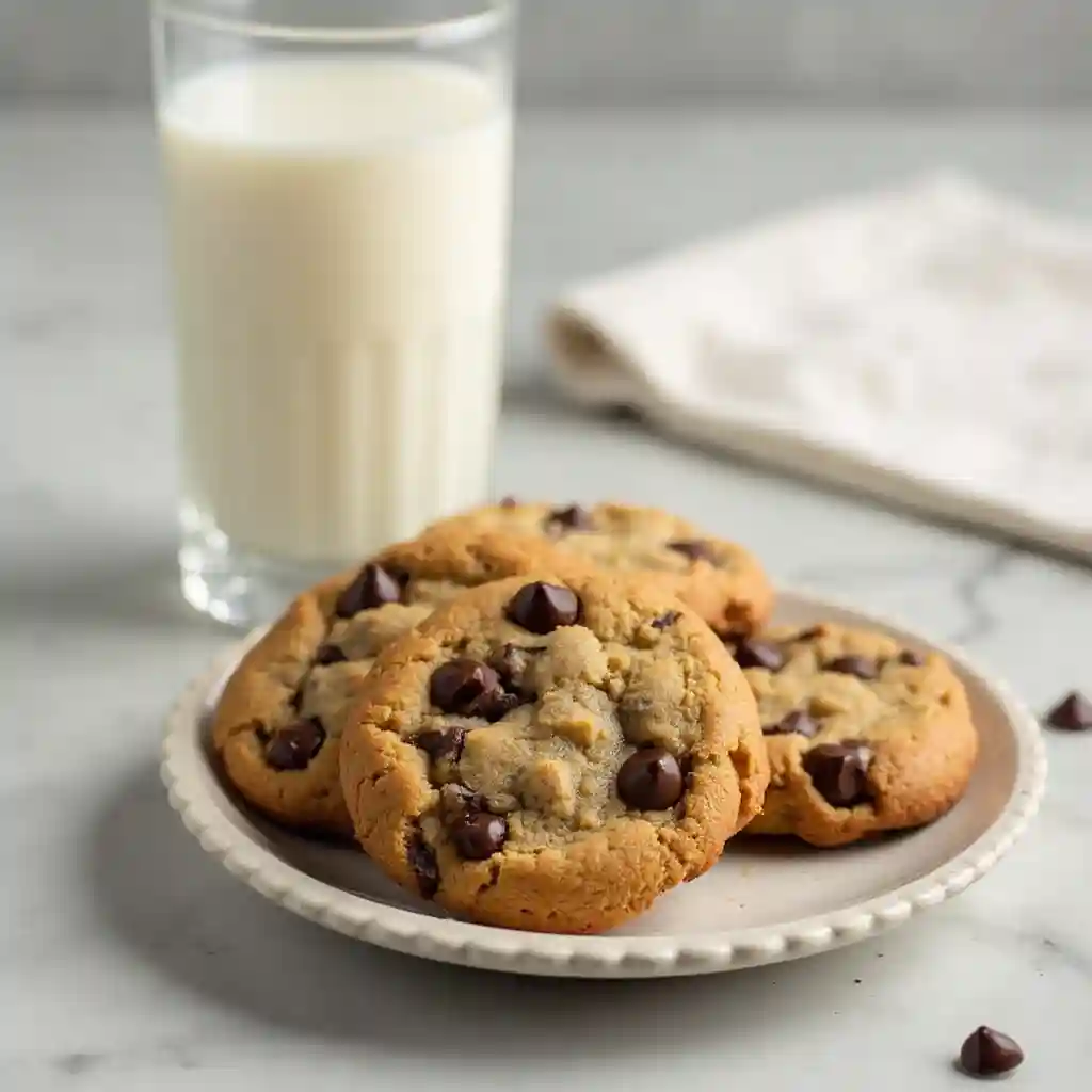 A plate of freshly baked Nestle chocolate chip cookies with a glass of milk beside it.