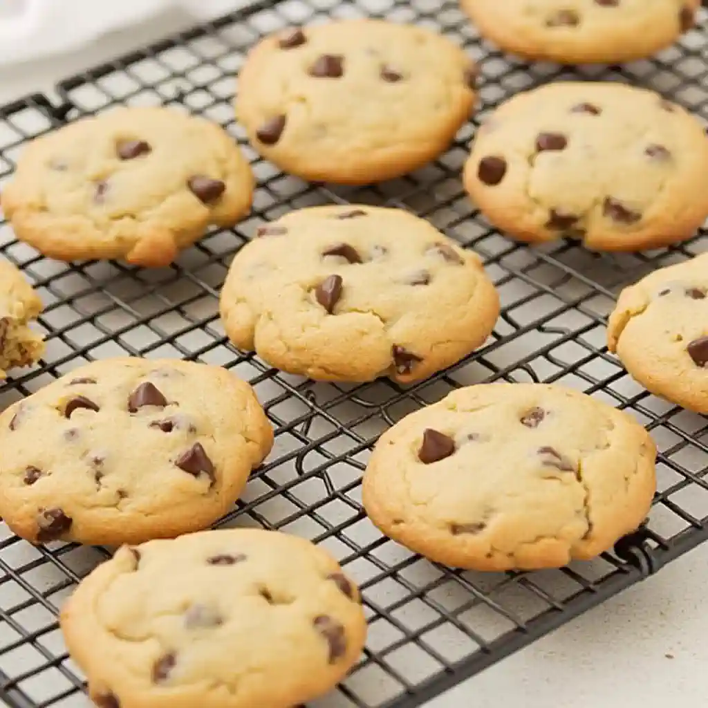 A batch of classic homemade Nestle Toll House chocolate chip cookies freshly baked on a cooling rack.