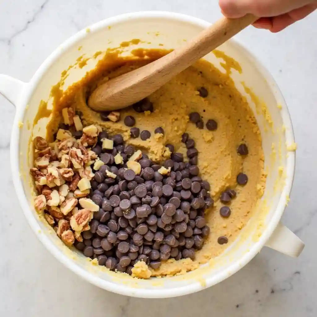 A bowl of cookie dough being mixed with chocolate chips and nuts.