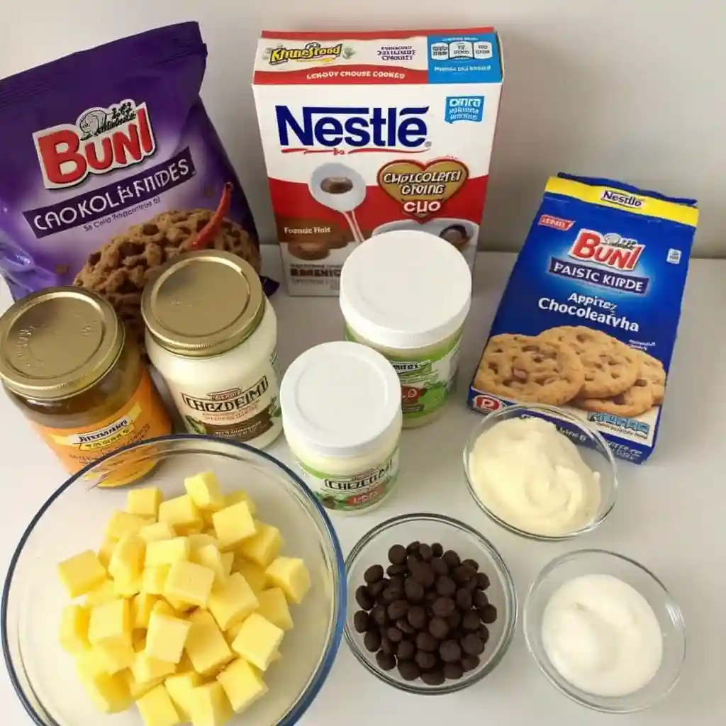 Various ingredients for Nestle chocolate chip cookies laid out on a kitchen counter.