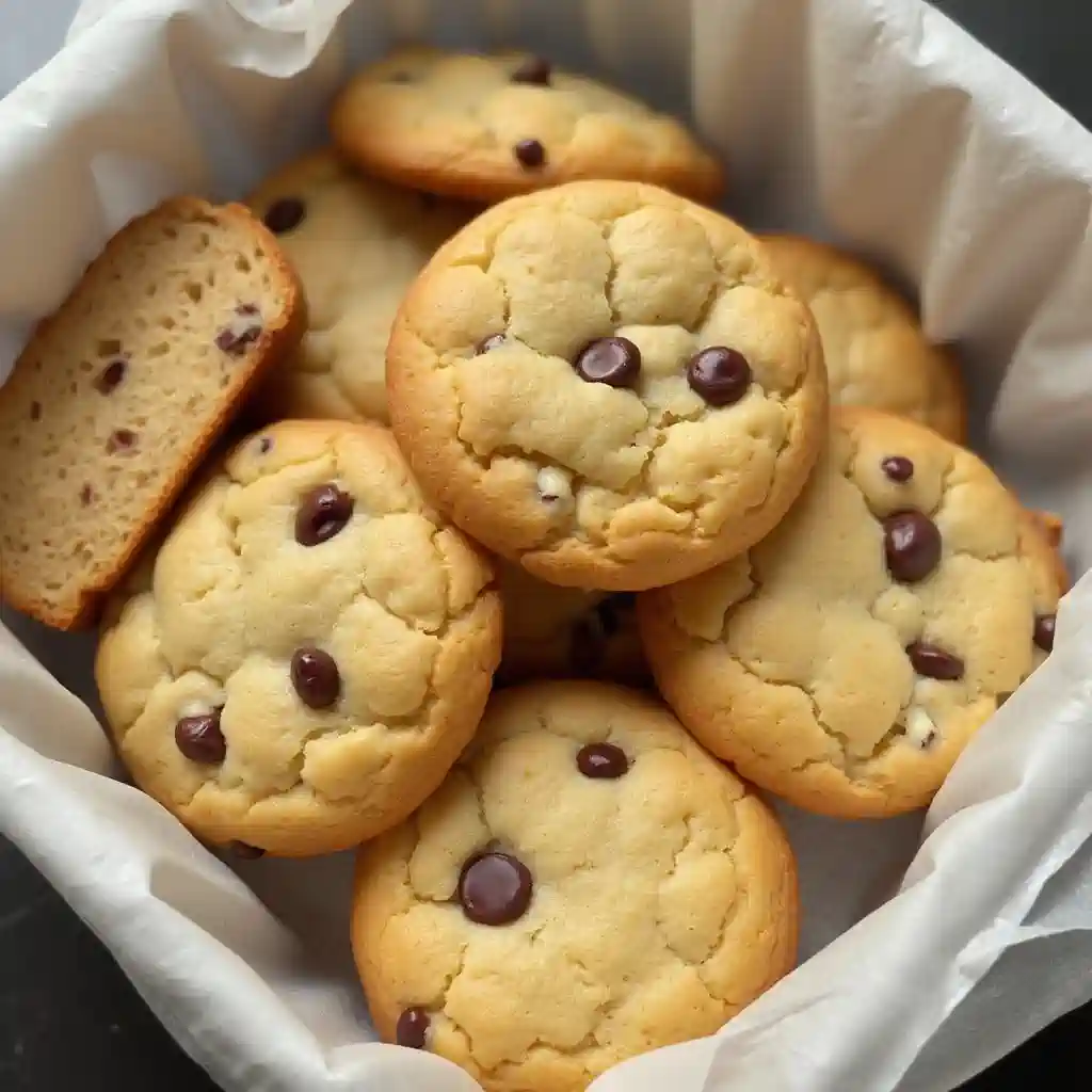 Freshly baked cookies stored in an airtight container with a slice of bread.