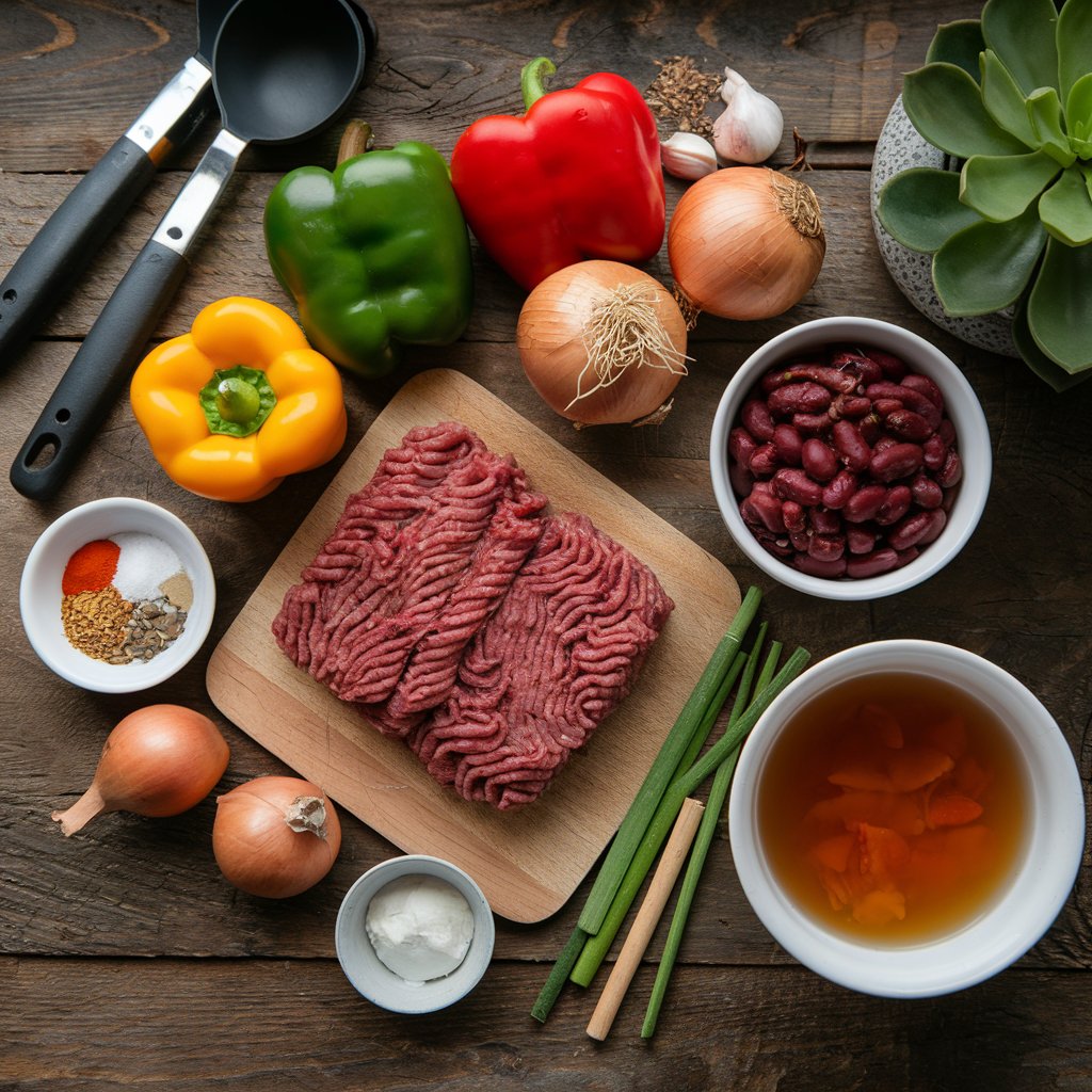 A top-down view of all the ingredients needed for a venison chili recipe, including ground venison, bell peppers, onions, garlic, spices, beans, tomatoes, and beef broth, neatly arranged on a rustic wooden table.