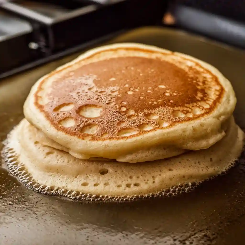 Close-up of a fluffy pancake with bubbles on the surface, cooking on a griddle.