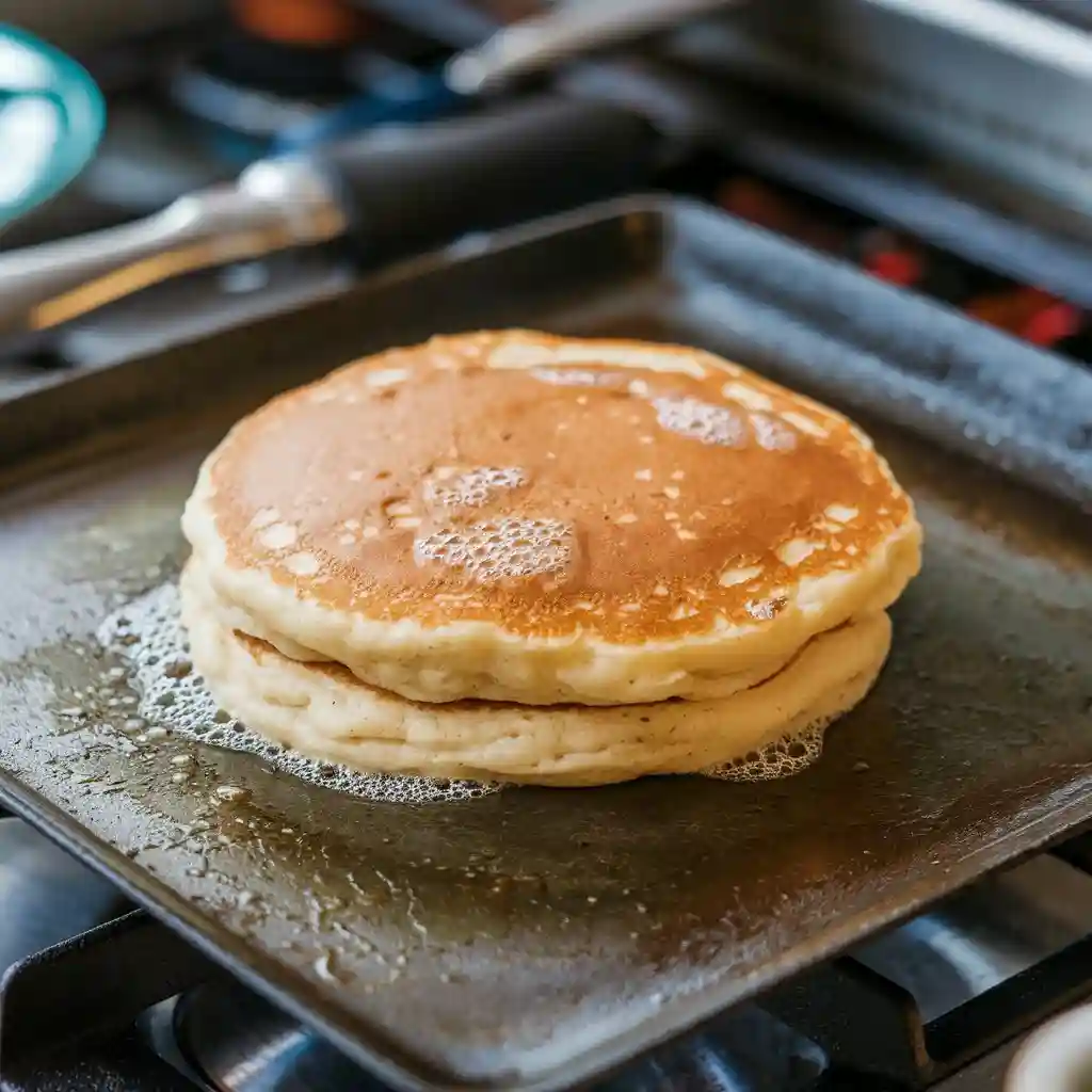 Close-up of a fluffy vegan pancake with bubbles on the surface, cooking on a griddle.