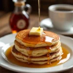 A close-up of Cracker Barrel pancakes topped with melting butter and maple syrup, set on a rustic wooden table.