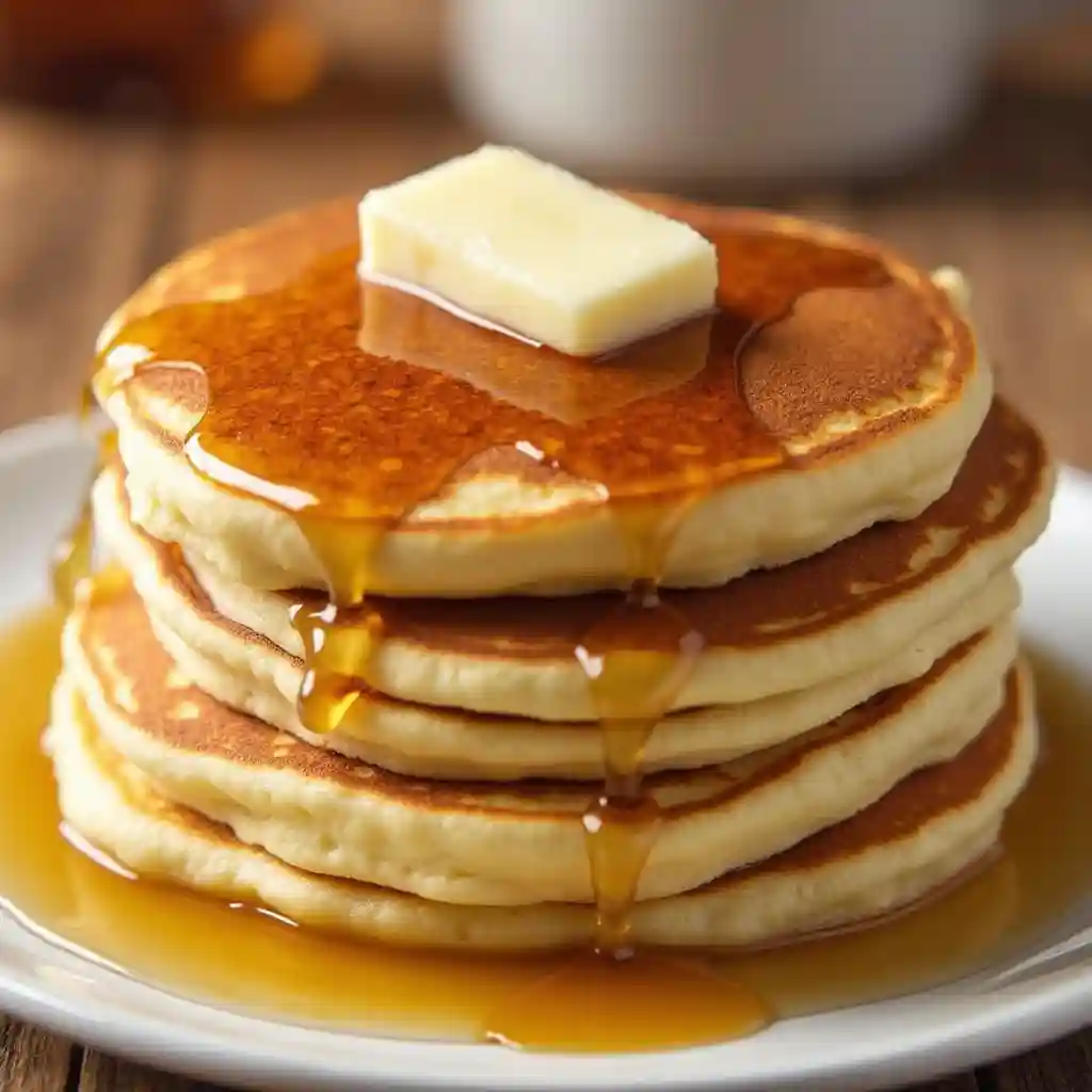 A stack of Cracker Barrel pancakes topped with butter and syrup.