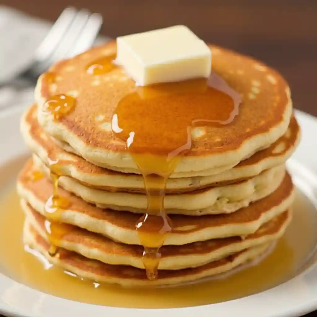 A stack of Cracker Barrel pancakes topped with butter and syrup.