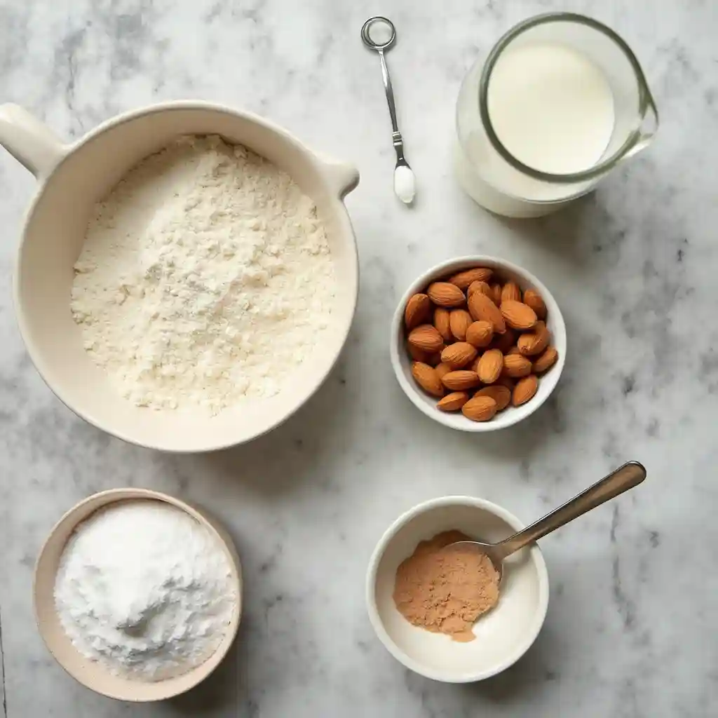 Ingredients for dairy-free pancakes, including almond milk, flour, sugar, baking powder, and a mixing bowl.