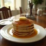 A stack of Cracker Barrel pancakes topped with butter and maple syrup, set in a cozy kitchen.