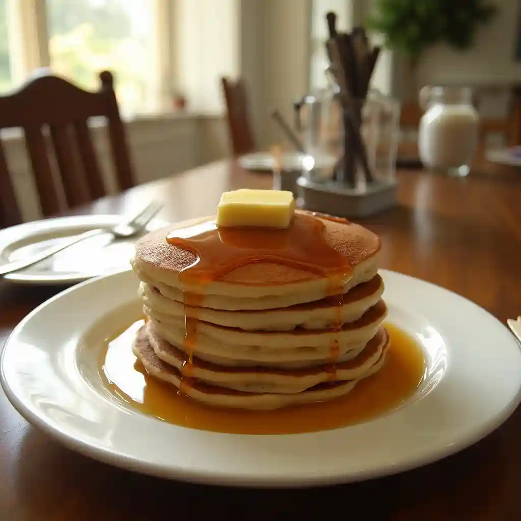 A stack of Cracker Barrel pancakes topped with butter and maple syrup, set in a cozy kitchen.