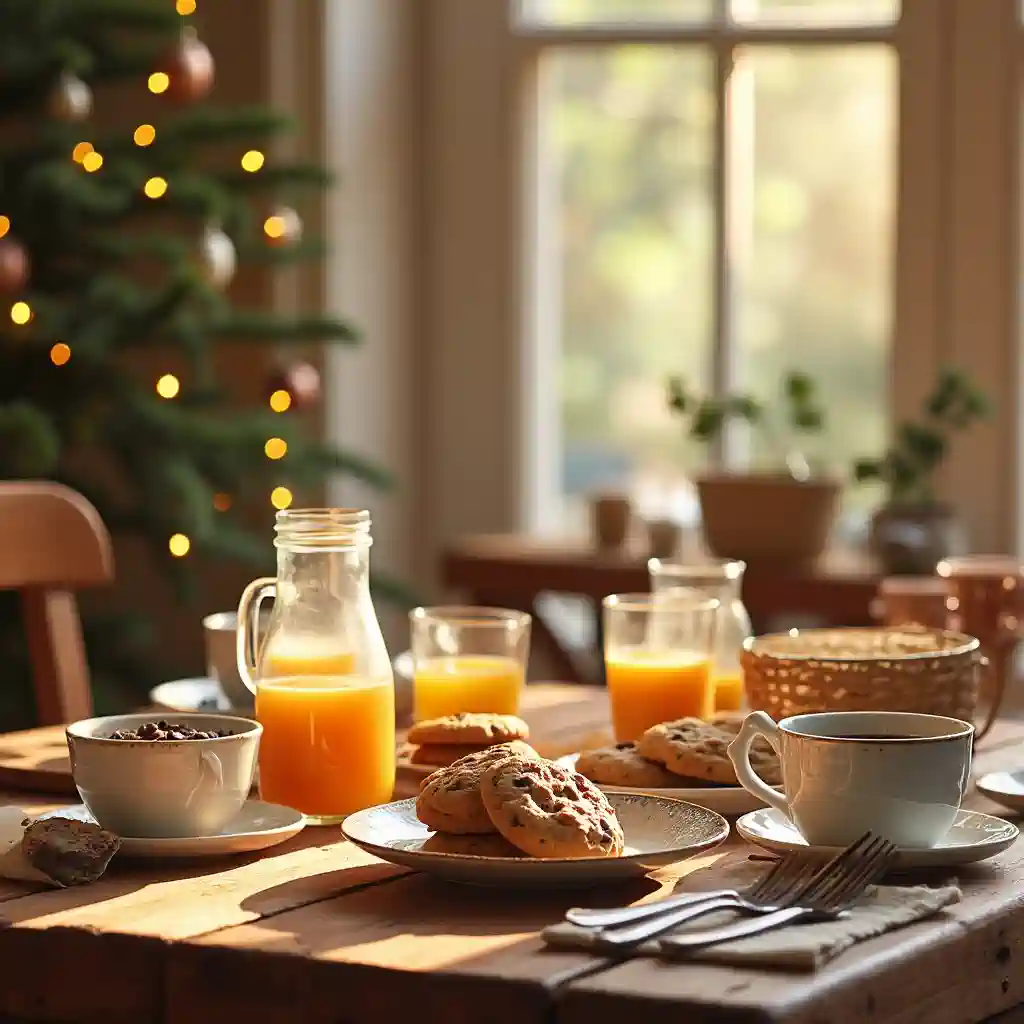 A festive breakfast table with Nestle chocolate chip cookies, milk, honey, coffee, and juice.