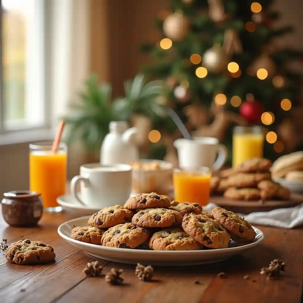 A festive breakfast table with Nestle chocolate chip cookies, milk, honey, coffee, and juice.