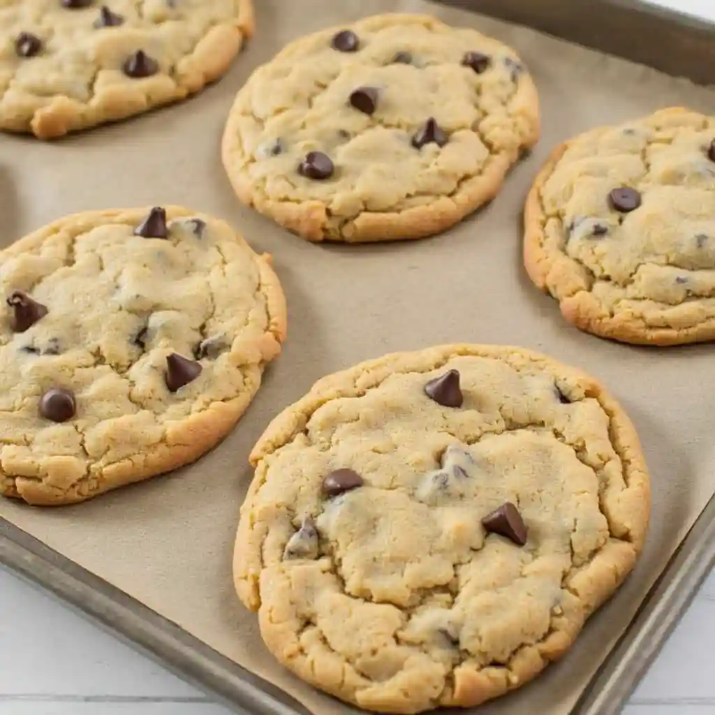 A batch of flat Nestle chocolate chip cookies on a baking sheet.